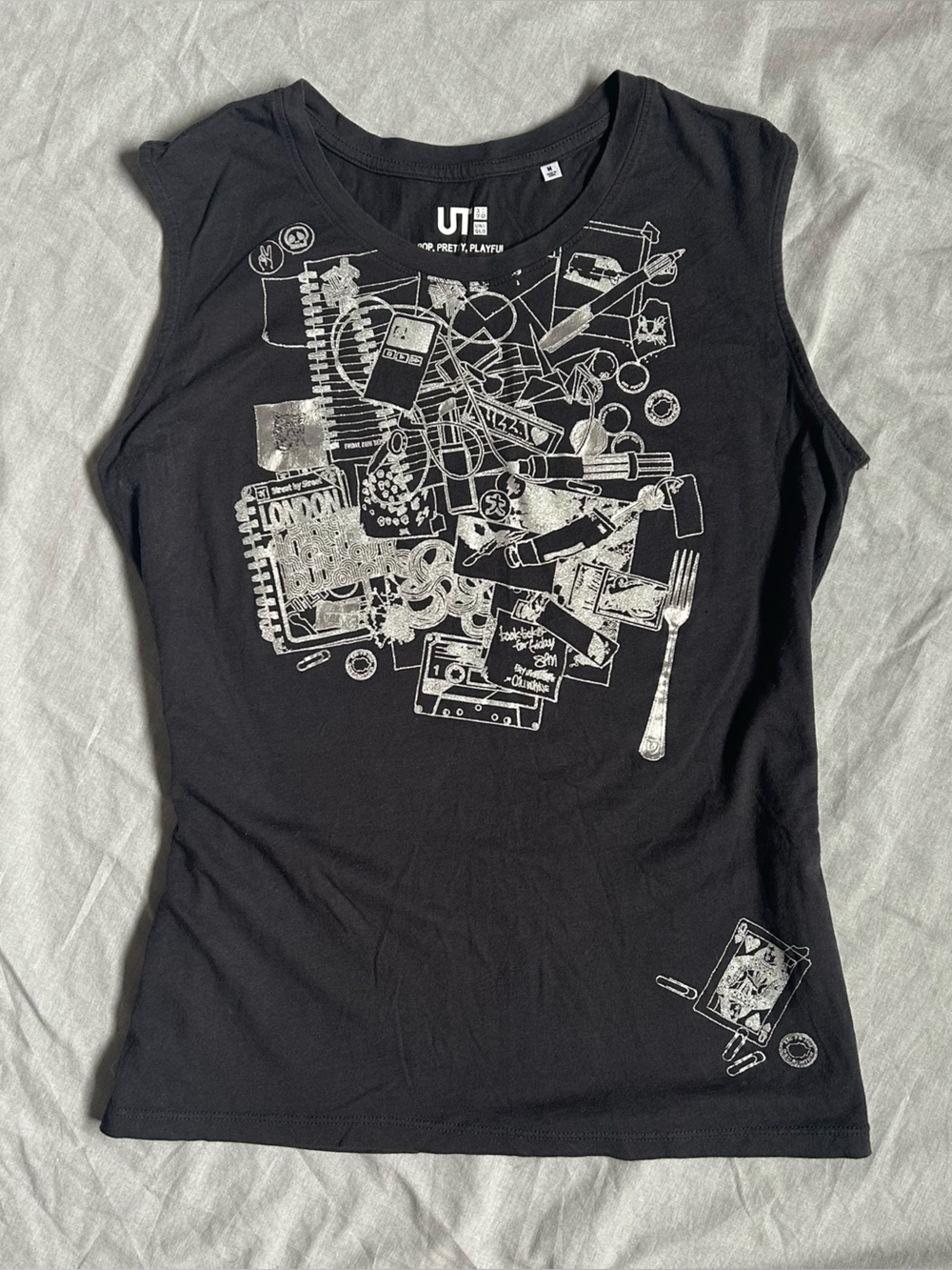 UNIQLO Black Sleeveless Tee with Silver Printed Graphic